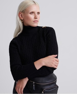 Superdry Croyde Cable Roll Neck Női Kötöttáru Fekete | RNYMJ0491